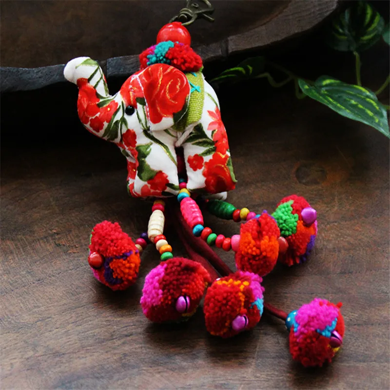 New Thailand Style Hang Decorations Floral Cloth Elephant Key Chain Colorful Woolen Balls Wood Beaded Pendant Minority Jewelry