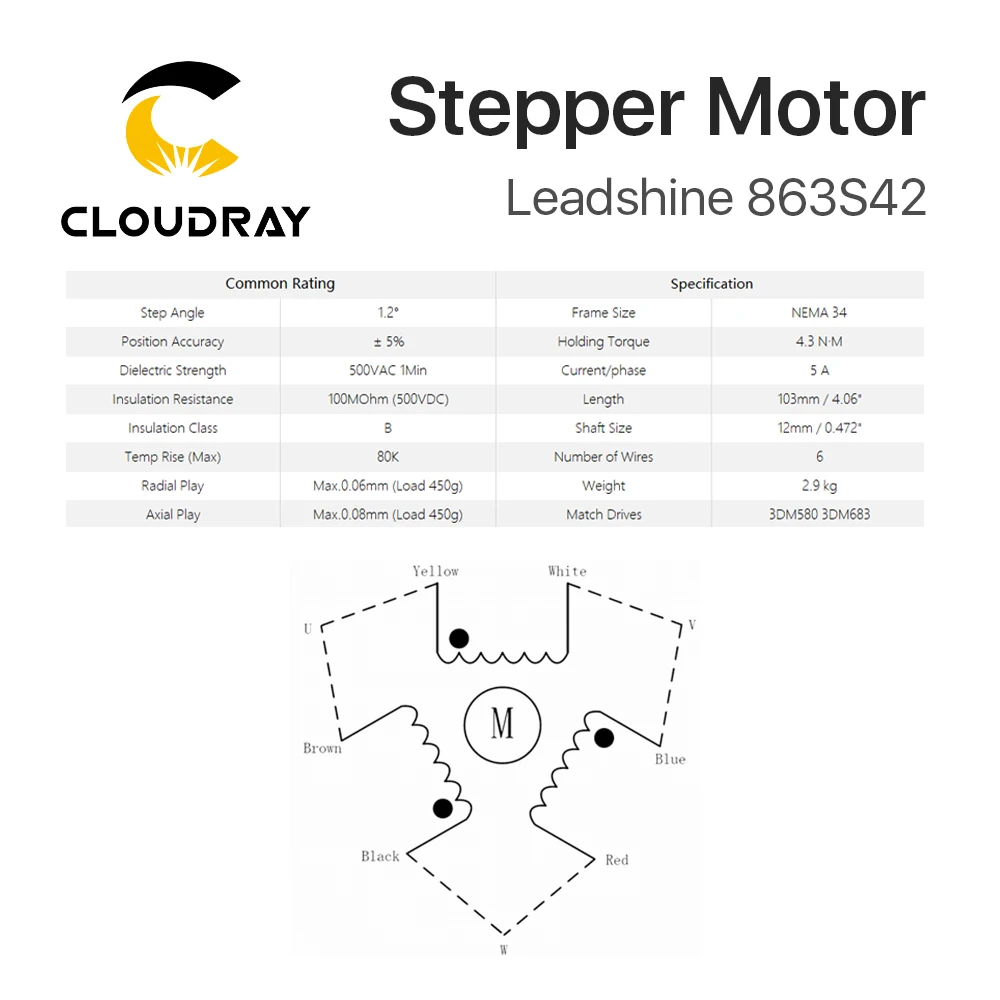 Imagem -06 - Cloudray Leadshine Fase Motor Deslizante 863s42 para Nema34 4.3a Comprimento 103 mm Eixo 12 mm