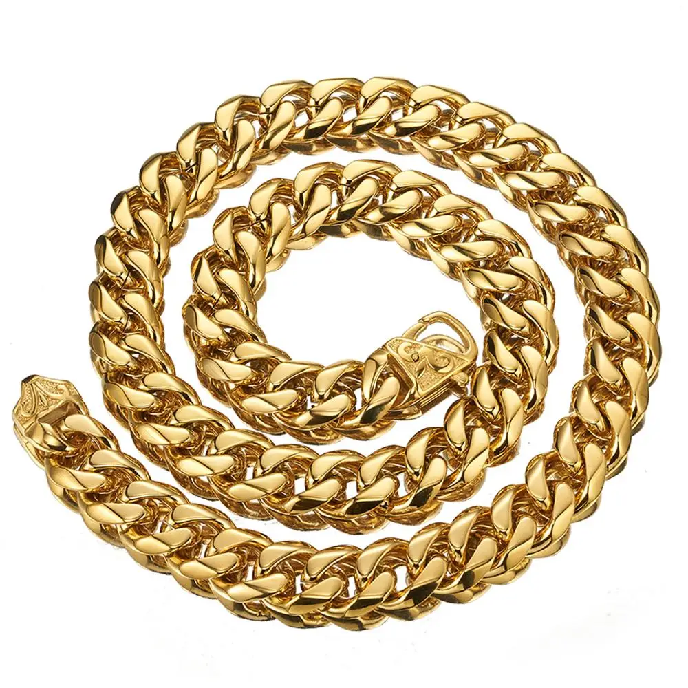 12/15mm Gold Tone Curb Cuban Stainless Steel Boys Mens Chain Necklace Fashion Jewelry