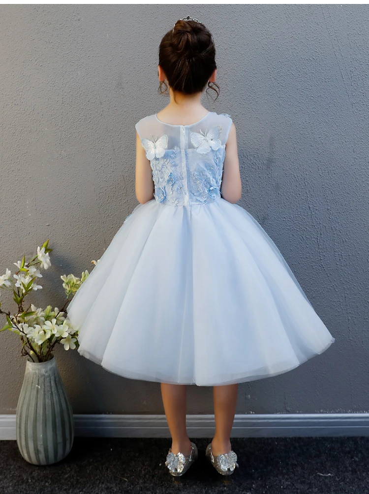 Elegant Appliques Light Blue Lace Flower Girl Dress Flower Pageant Wedding Dress Girl Elegant Formal Teenagers Girls Party Dress