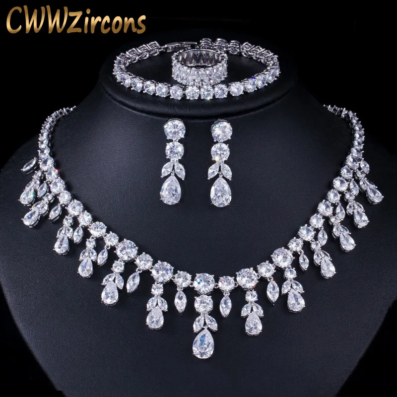 CWWZircons Dangle Drop Dubai Zircon Necklace Earrings Bracelet and Rings Bridal Jewelry Set Women Wedding Dress Accessories T342