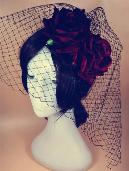 Mini Top Hat czerwony kwiat róża kapelusze welon Gothic Lolita Fancy