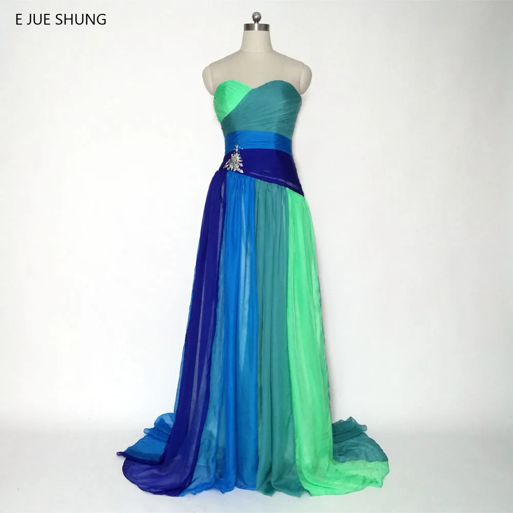 

E JUE SHUNG Colorful Chiffon Long Evening Dresses Multi Color Crystal Pleat Lace Up Sweetheart Prom Dresses