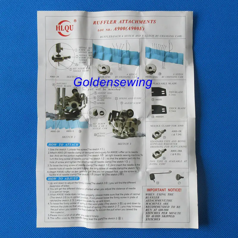 4 or 8 Stitch RUFFLER ATTACHMENT G900E for SINGLE NEEDLE SEWING MACHINE JUKI CONSEW SINGER