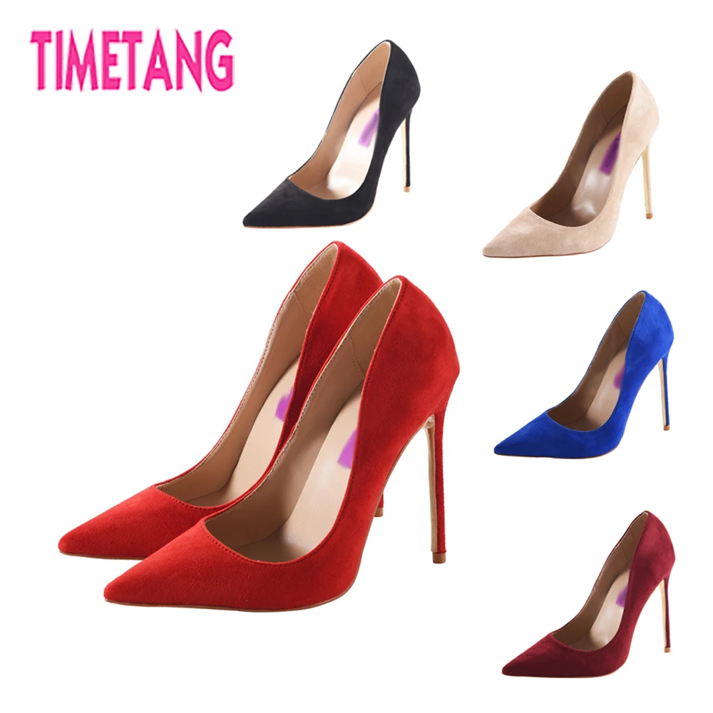 

TIMETANG Elegant OL Classic Shallow Women Pumps Sexy Pointed Toe Flock High Thin Heel Lady Dress/Wedding shoes Plus Size 34-44