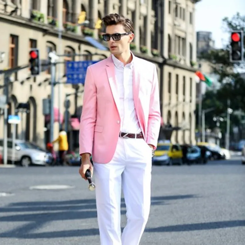 

Pink Jacket With White Pants Men's Slim Fit Street Fashion Suits Men Custom Made One Button Formal Wedding Suits Terno Masculino