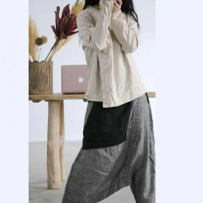 USWMIE 2020 Spring Women Pants Vintage Casual Elastic Waist Plaid Do Old Contrast Color Pocket Loose Comfort Flax Ninth Pants