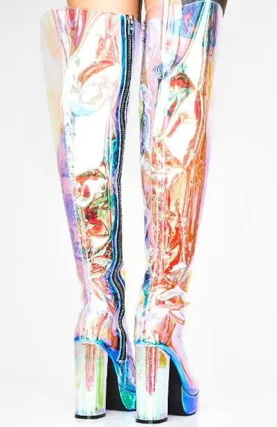 Woman Plus Size Transparent PVC Rock Punk Style Round Toe Square Heel Radium Over The Knee Thigh Stage Show Long Platform Boots