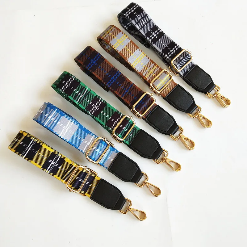 New Canvas Adjustable Women Bag Strap Trendy Stripe Design Gold Buckle Lady Shoulder Straps Easy Matching Plaid Style Bag Belts