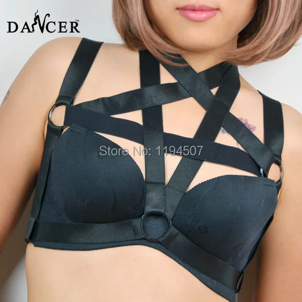 

New Women Men Handmade Nylon Star Garter Choker Collar Star Pentagram Harness Body Chest Bondage Cage O0013