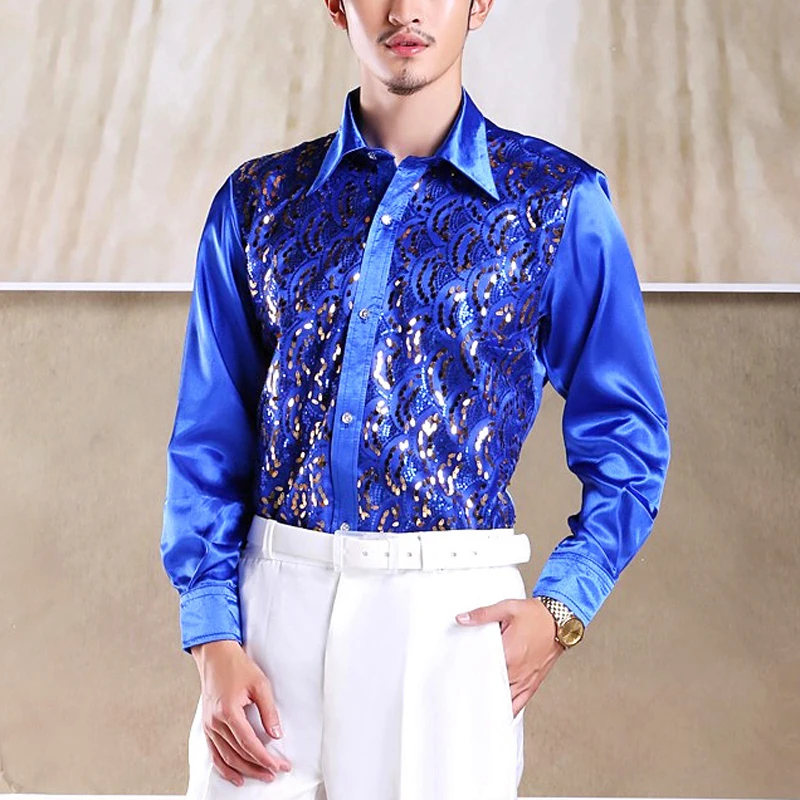 Mens Wave Pattern Sequin Club Party Shirts 2019 New Stage Prom Button Down Chemise Homme Dance Host Chorus Shirt Male Pink