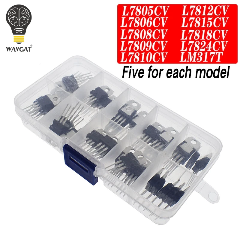 LM317T L7805 L7806 L7808 L7809 L7810 L7812 L7815 L7818 L7824 トランジスタ詰め合わせキット 10 値 50 個の電圧レギュレータボックス