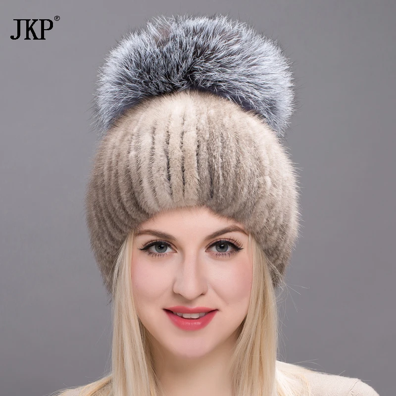 Real Mink Fur Hat For Winter Women Imported Knitted Mink Cap With Fox Fur 2022 New Hot Sale High Quality Female Beanies DHY17-04