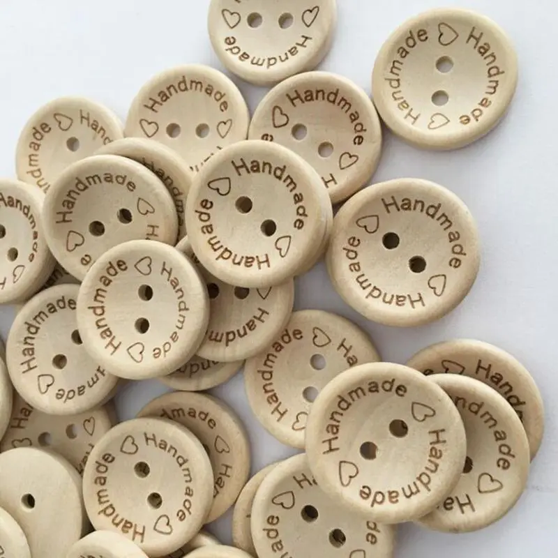 100pcs 15/20/25mm carving handmade with love Wood Buttons Flatback 2 Holes Wooden button Sewing Tools DIY Scrapbook Craft