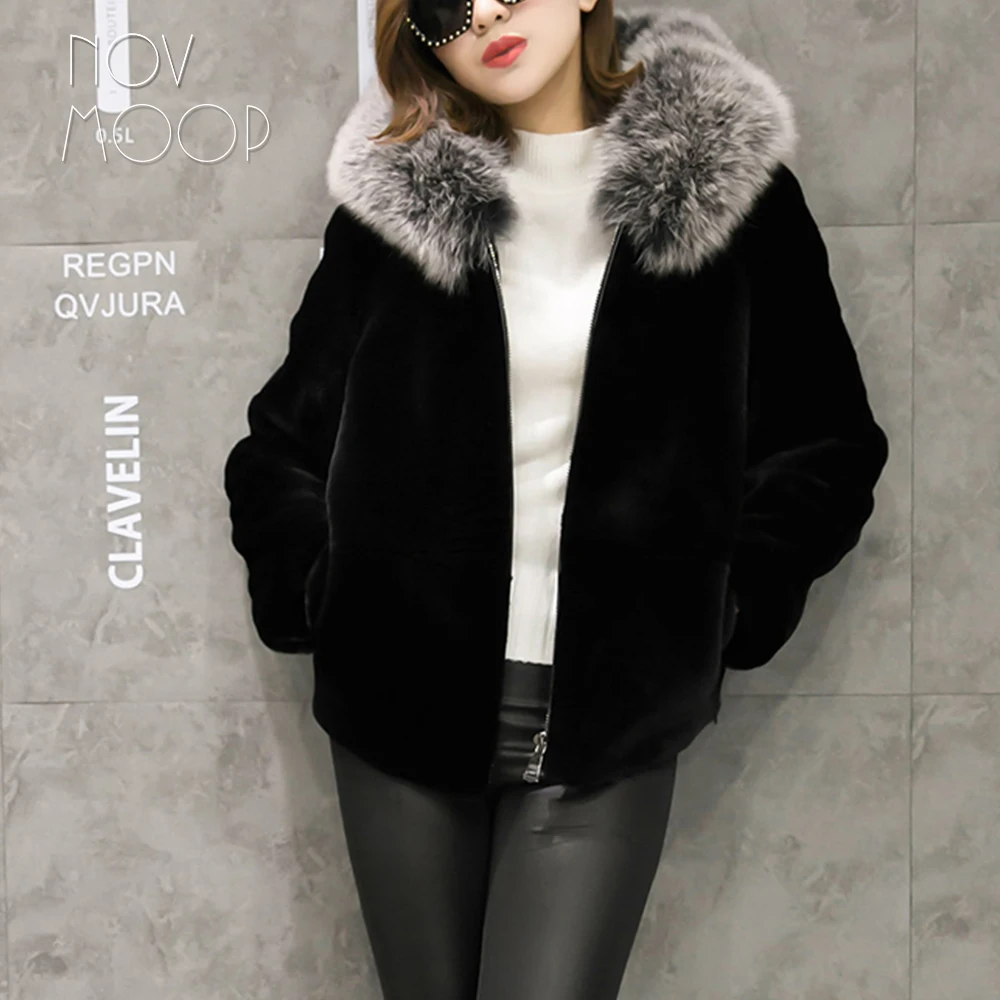 Camel black genuine leather natural sheep shearing wool fur coat women real fox fur hooded lambskin wool jackets cropped LT1896