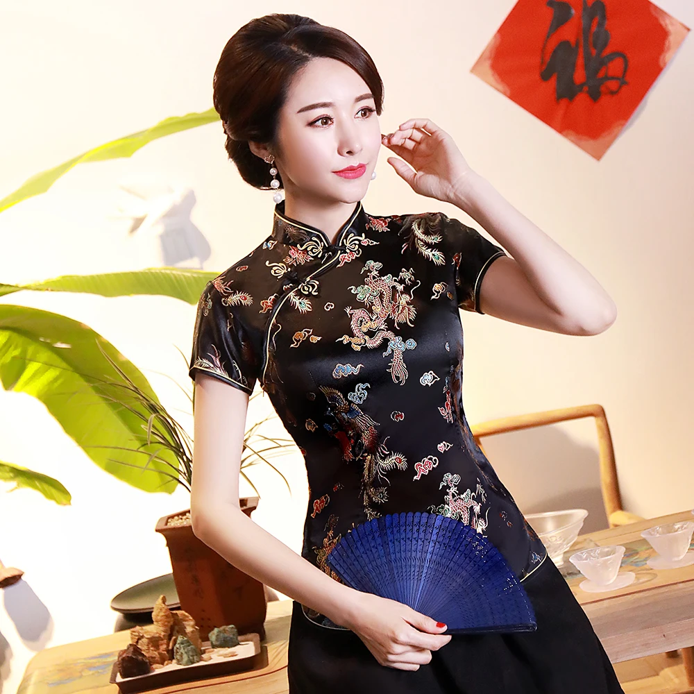 Dragon Phoenix Chinese National Women Blouse NEW Casual Summer Short Sleeve Shirt Tops Traditional Mandarin Collar Clothing