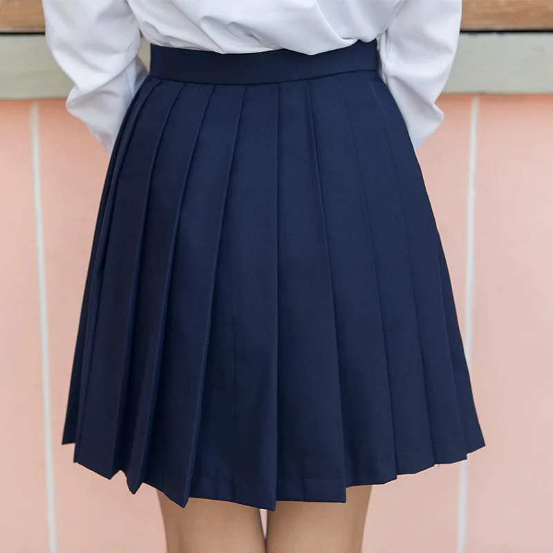 Girls Japanese Korean Style School Uniform Long sleeve Costume White T-shirt Top Navy blue Pleated Skirt with Red Ribbon Tie