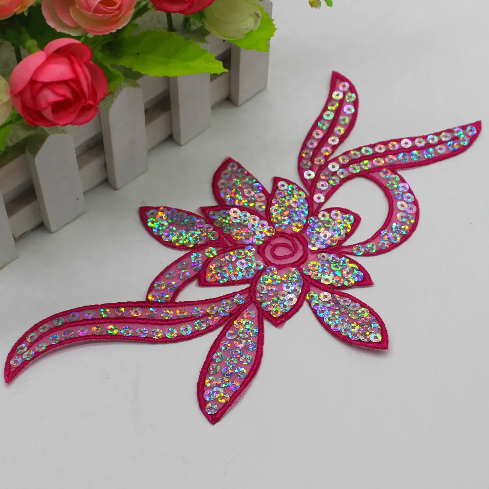 Sequined Flower Appliques Laser Sequins Embroidery Trims Iron On Patches 24*11CM