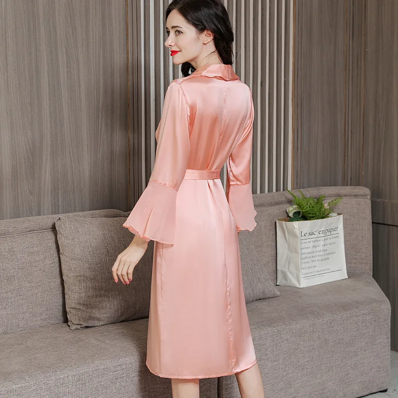 Latest Long-Sleeve Real Silk Sleeping Robes Female Spring Summer 100% SILK Sexy Sleepwear Solid Color Woman Bathrobes P9952