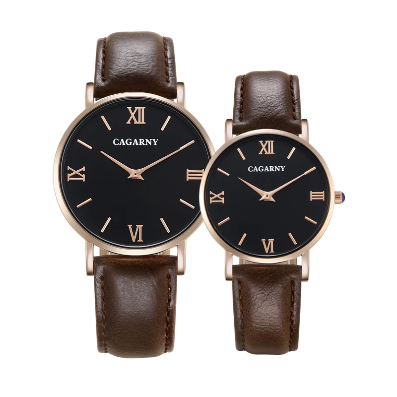 Montre classique à Quartz avec bracelet en cuir pour hommes et femmes, étanche, avec boîtier en or Rose, horloge Cagarny