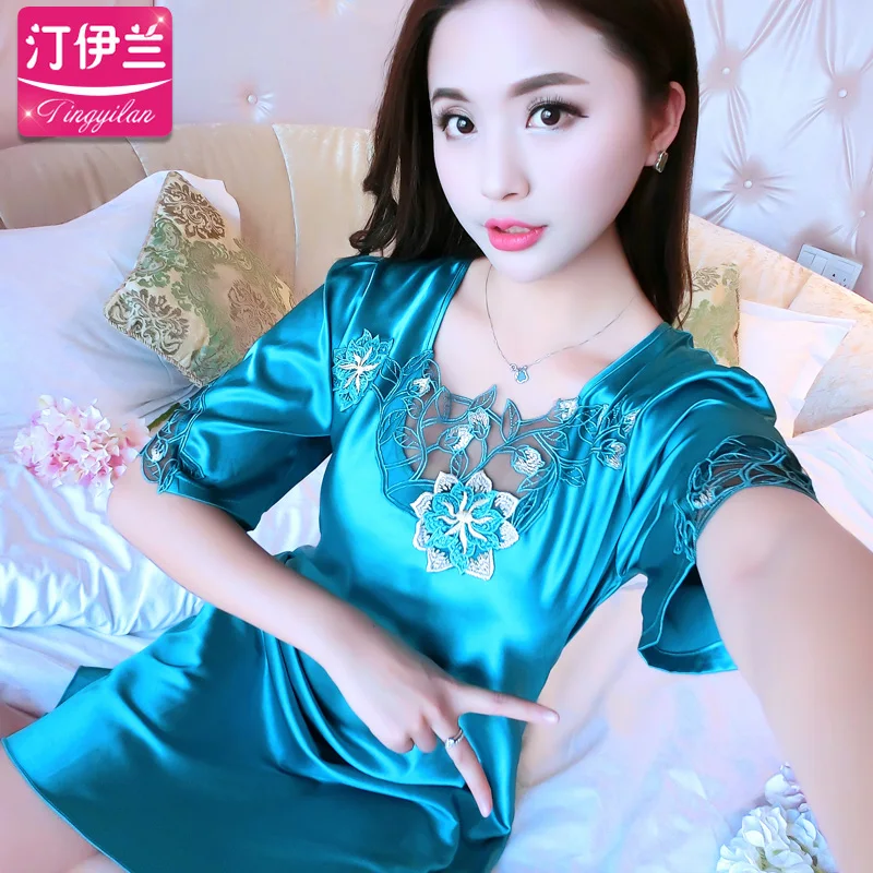 Female Sexy Summer Silk Nightgown Adult Sleepwear 2pcs Summer Silk Lace Dress Robe Girls Silk Homewear Sleeved Nightdress B-6629