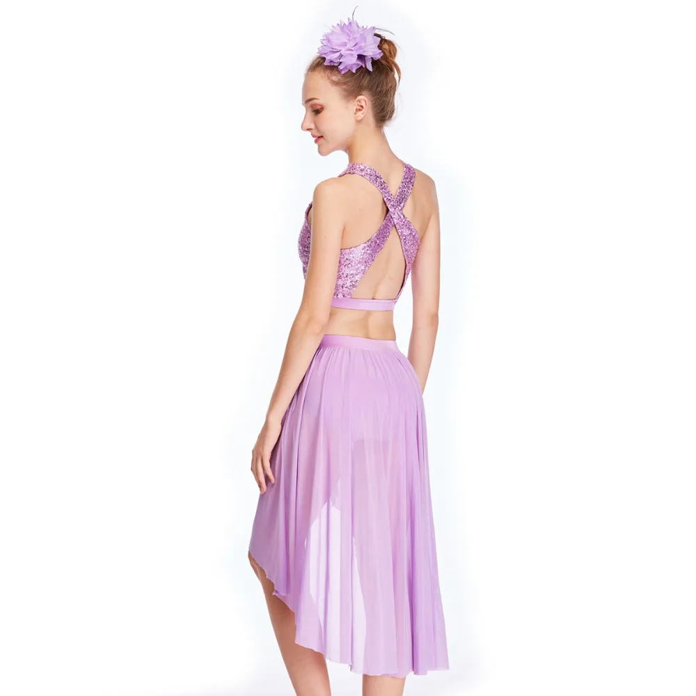 MiDee High-Low Skirt Sequin Crop Top High Neck with Back Straps Crossing Modern Lyrical Contemporary Dance Costumes