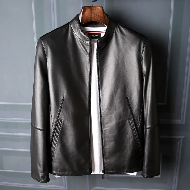 Men's Leather Jacket, Genuine Sheepskin, Male Casual Coat, Stand Collar, Leisure, Spring, Autumn