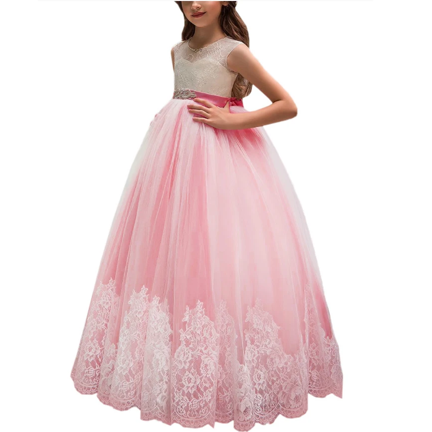 First Communion Dress for Girls Cutout Back Crystals Sash Lace Appliqued Flower Girl Dress Prom Dress Customized Vestidos Longo