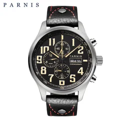 Fashion 43mm Parnis Quartz Men Watch Chronograph Datejust Military Pilot Calendar Watches 100m Waterproof Leather Strap PA6053