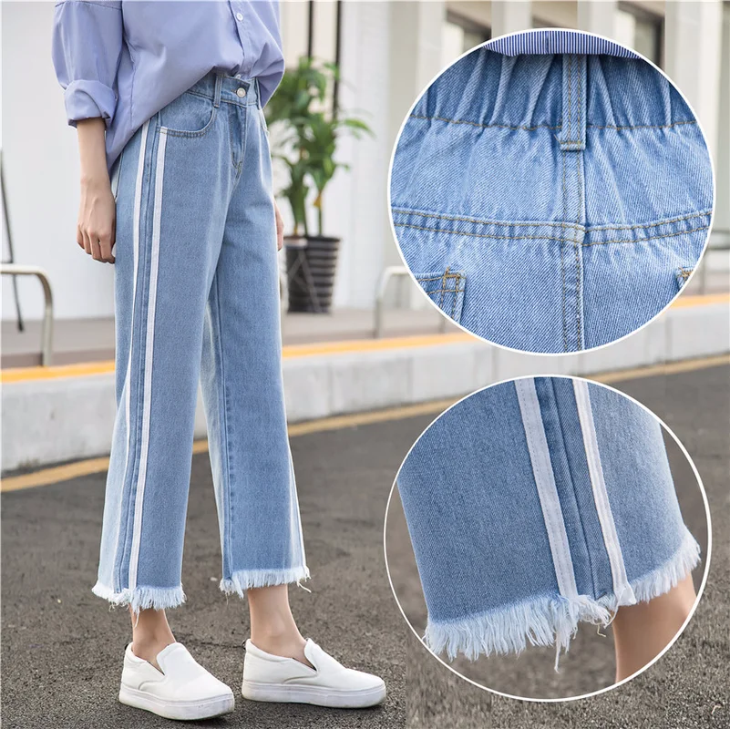 Fashion Woman Jeans High Quality Female Loose Mid Waist Wide Legs Pants Ankle Length Casual Striped Pants for Ladies