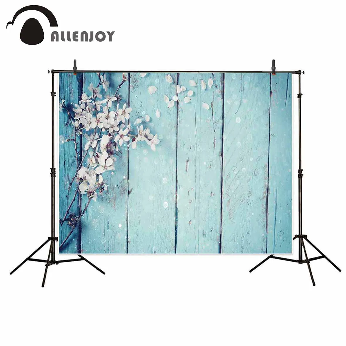 Allenjoy fresh white flowers on old blue wooden board spring photo background fund photo studio backdrop photographic background