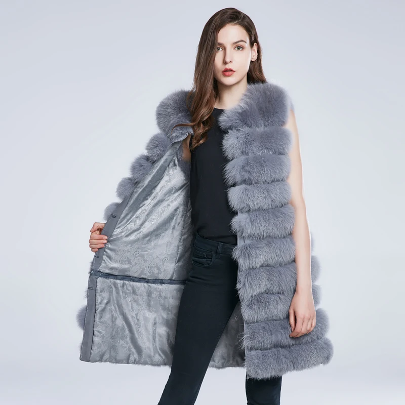 JKP Winter Women's Fox Fur Coat Detachable Sleeveless Vest 2024 New Fashion Stripes Spliced Female Natural Fur Jacket