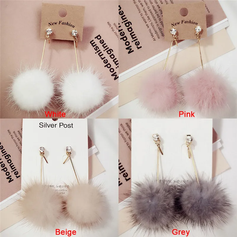 1Pair Women Crystal Cute Rabbit Fur Ball PomPom Long Drop Earrings For Soft Pom Pom Ear Dangle Jewelry Winter Gift Trinket