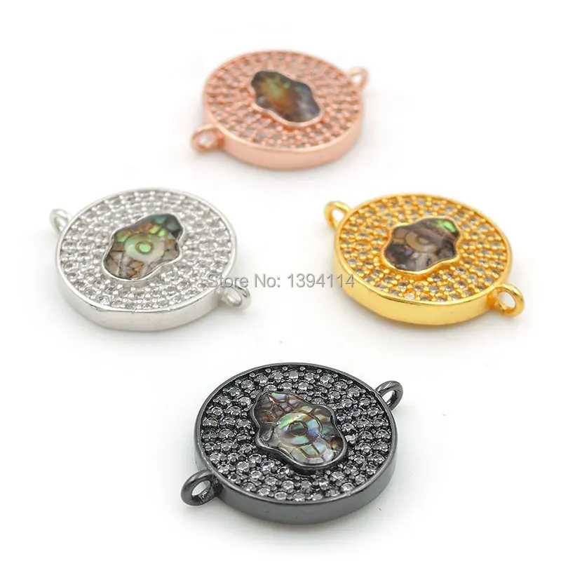 

18*14*3mm Micro Pave Clear CZ Gridding Abalone Shell Round Of Hand Relief Connector Fit For Women As DIY Bracelets Accessory