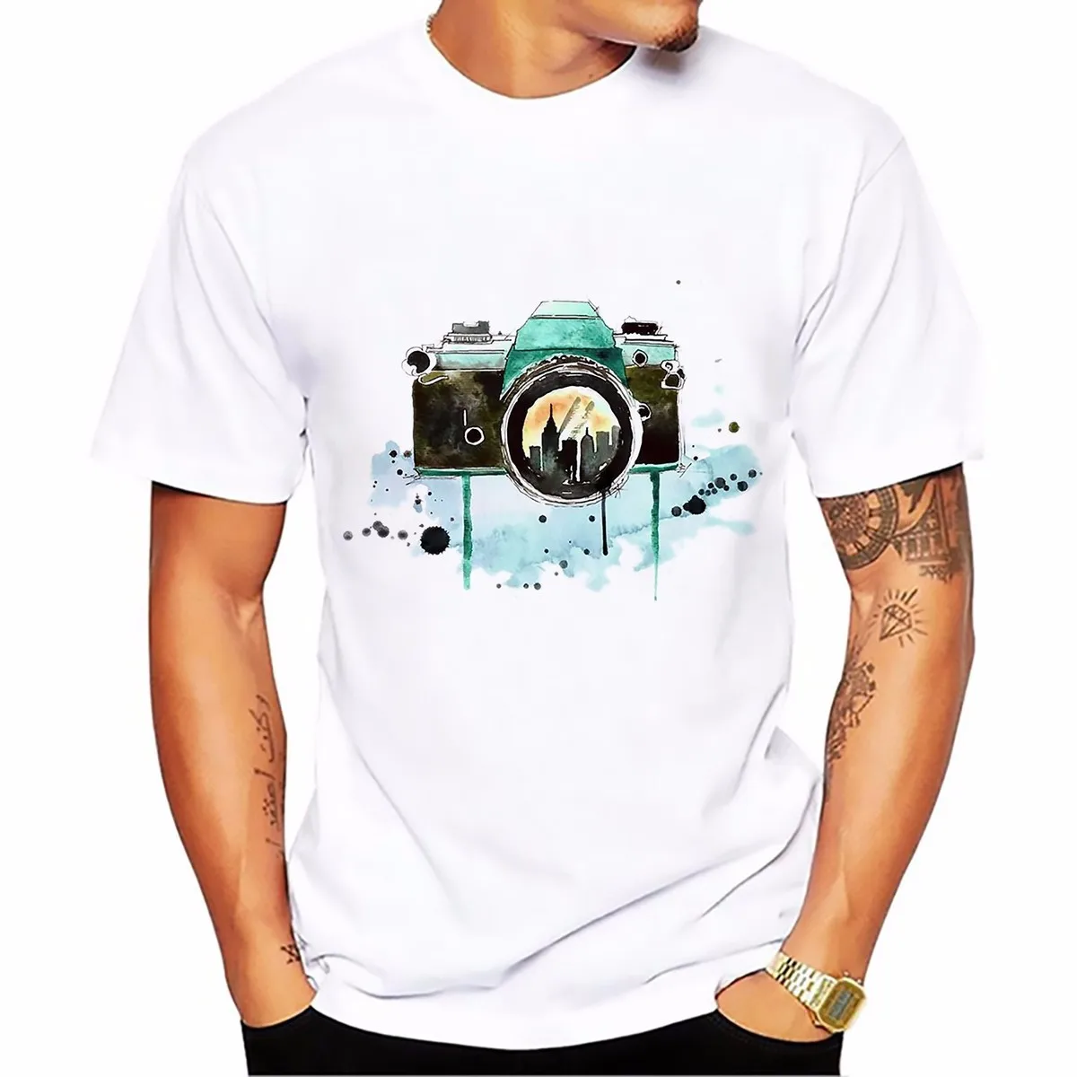 Fresh style watercolor camera design t shirt man tops Tees short sleeve O-neck Breathable T-shirt white unisex casual tshirt