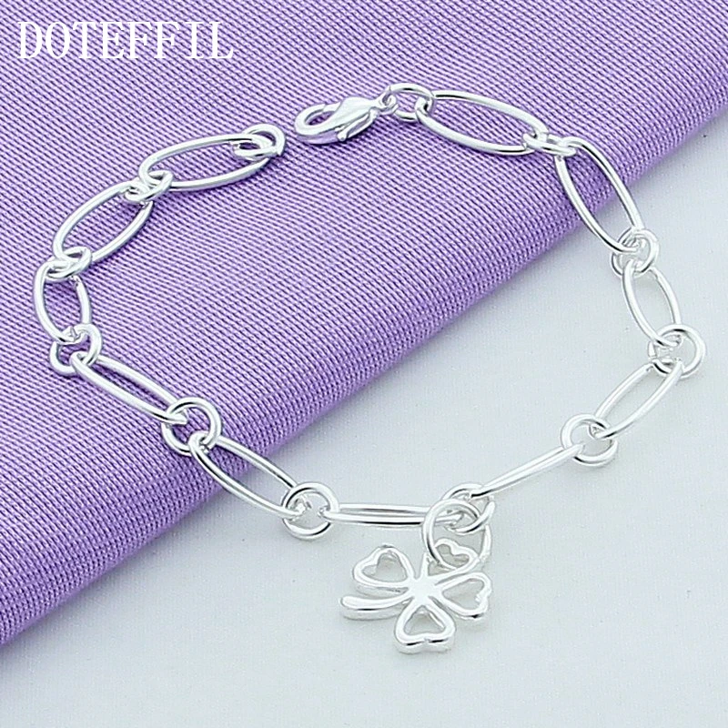 DOTEFFIL 925 Sterling Silver Lucky Clover Flowers Pendant Bracelet For Woman Charm Wedding Engagement Party Fashion Jewelry