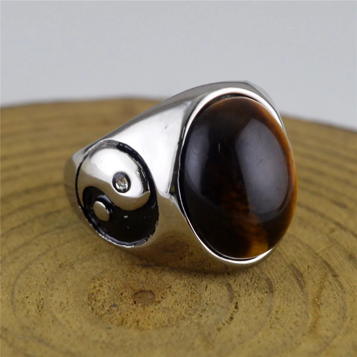 US 7 to 13 size Silver gold Men Oval Tiger Eye Brown Stones with Symbol Ring Stainless Steel Jewelry Mens Accessories Anel Aneis