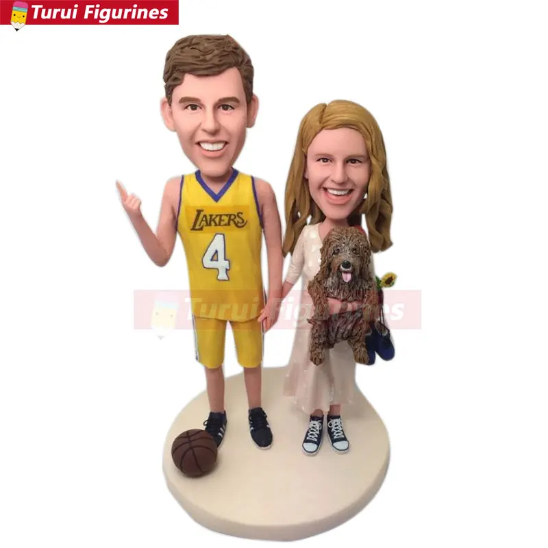 sports Basketball Wedding Cake Topper Custom Bobble Head Clay Figurine Based on Customers' Photos Using As Wedding Birthday Cake