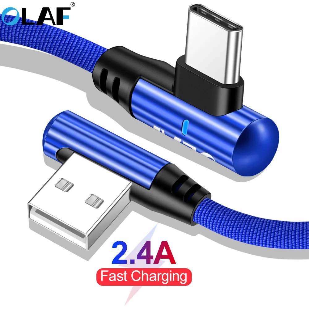 OLAF 90 Degree 2.4 A Fast Charge USB Type C Cable For Xiaomi Redmi Note 7 USB C Cable for Samsung S8 S9 Fast Charging Cord