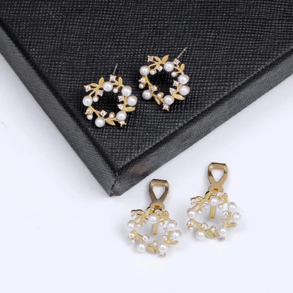 GRACE JUN New Arrival CZ  Pearl Clip on Earrings and Pierced Earrings for Women Party Wedding Elegant Wreath Earrings Hot Sale