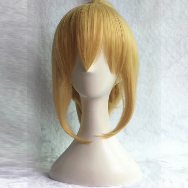 Peluca completa de cabello sintético para Cosplay, postizo de pelo sintético dorado con coleta y malla, de 35cm, Fate stay night saber lily