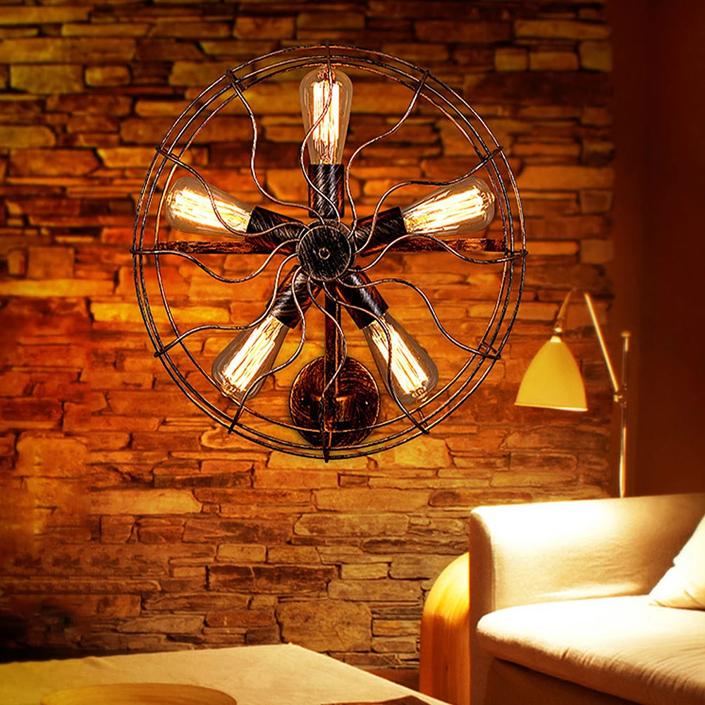 Retro Loft Stijl Vintage Industriële Fans Wandlamp Met 5 Hoofd E27 Edison Lamp 110/220V Muur Fan verlichting Voor Thuis