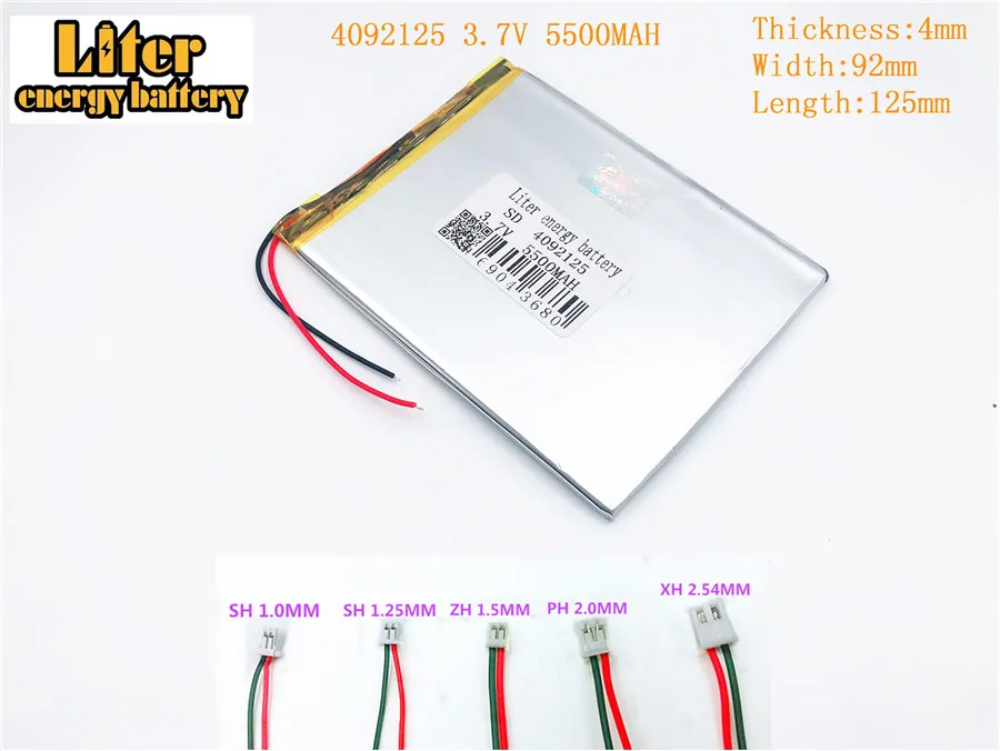 9 inches tablet rechareable battery 3.7V 5500mah 4092125 FOR Lithium polymer battery 3.7V 5500mah 4092125 PLUG