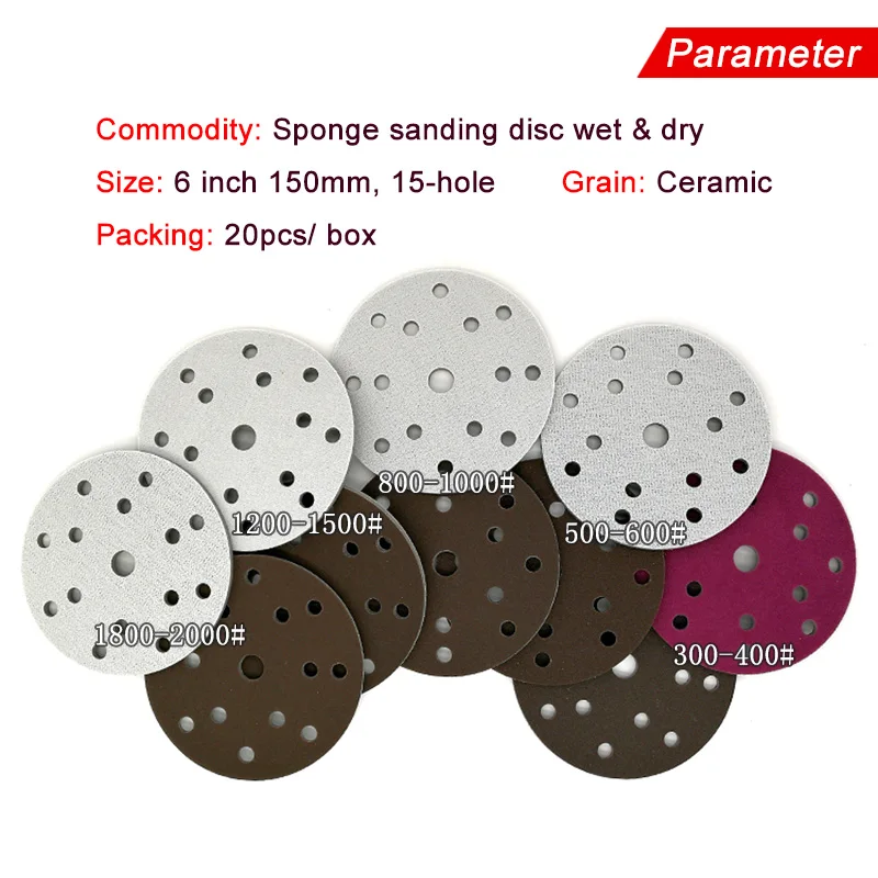 5Pcs Flocking Sponge Sanding Disc Red Sandpaper 6 Inch 15-Hole 300-2000 Grit for Polishing & Grinding Power Tools Accessories