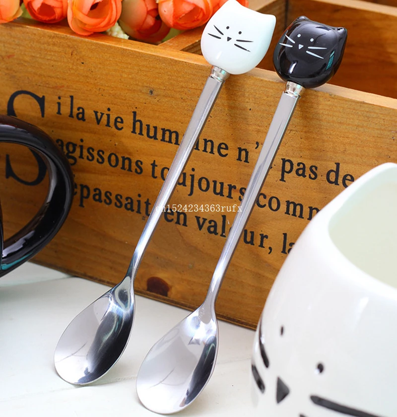 

100pcs Stainless Steel Spoons With Ceramic Cat Handle Cartoon Cat Spoon Long Coffee Stirring Spoon