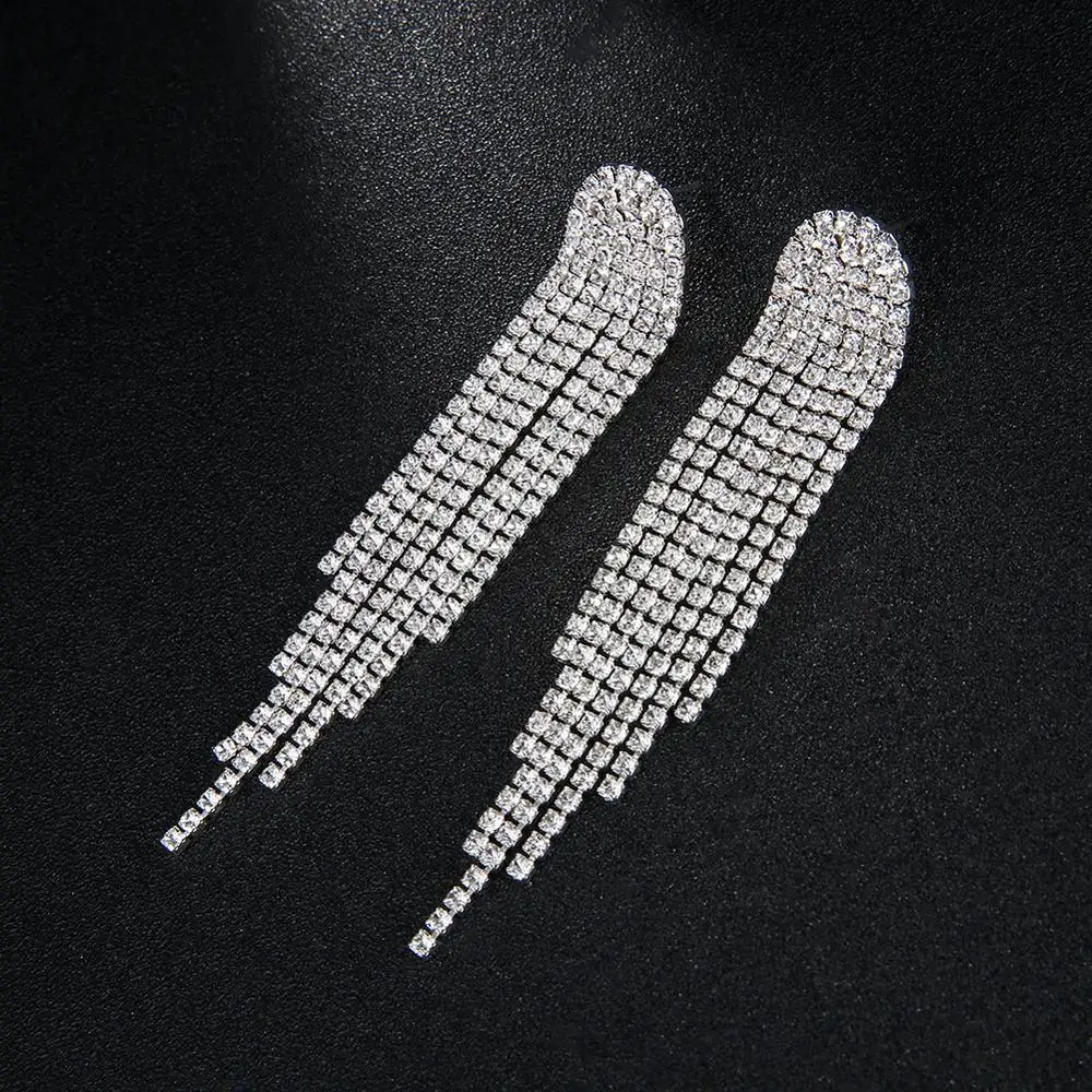 TREAZY NEW Rhinestone Wedding Drop Earrings for Women Silver Color Crystal Bridal Long Tassel Hanging Earring Night Club Jewelry