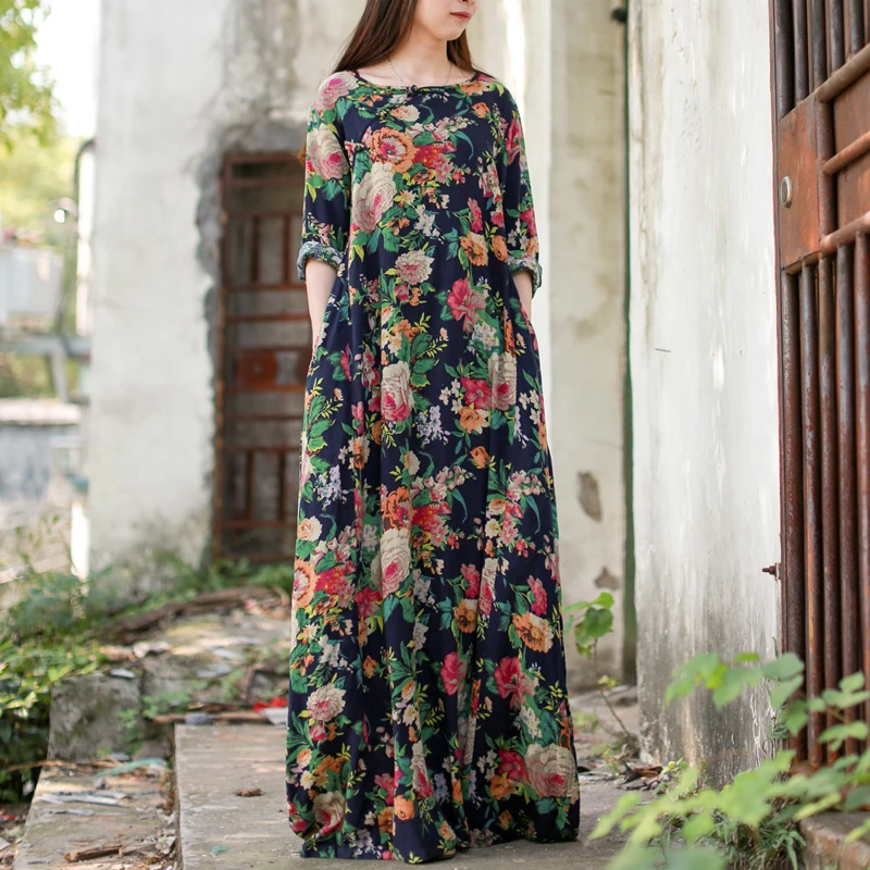 

LZJN-Ethnic Floral Maxi Dress for Women, Long Sleeve Dresses, Cotton Robe, Vintage Chinese Dress, Spring, Autumn