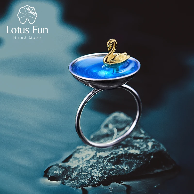 Lotus Fun Real 925 Sterling Silver Fine Jewelry Natural Creative Handmade Designer Poetic Swan In The Sea Rings for Women Bijoux