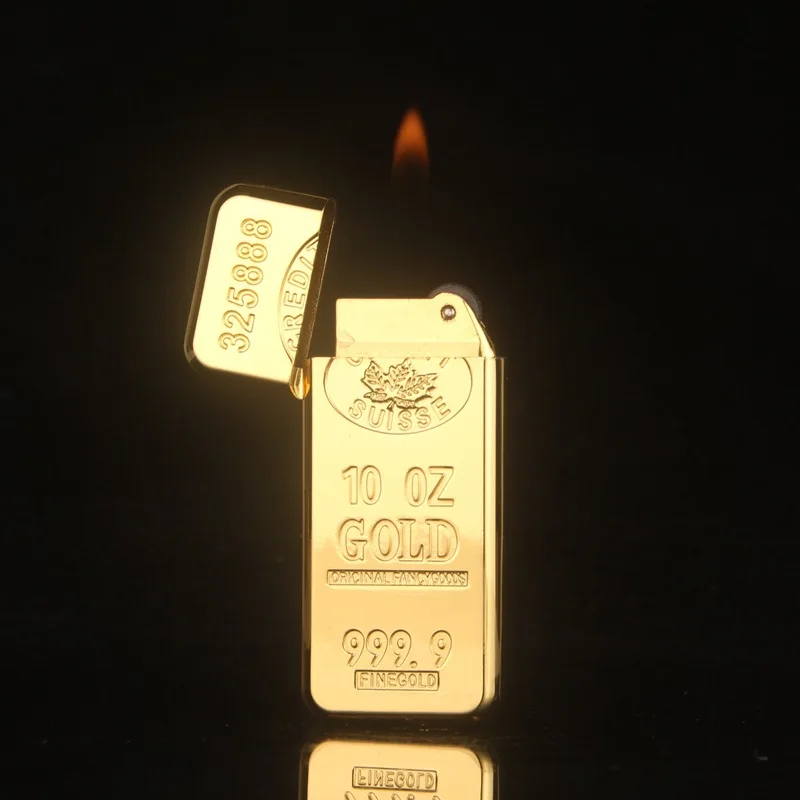 Creative Gold Bar Cigarette Lighters Grinding Wheel Ultra Thin Men Lighter  Inflatable Butane Flame Metal Lighter