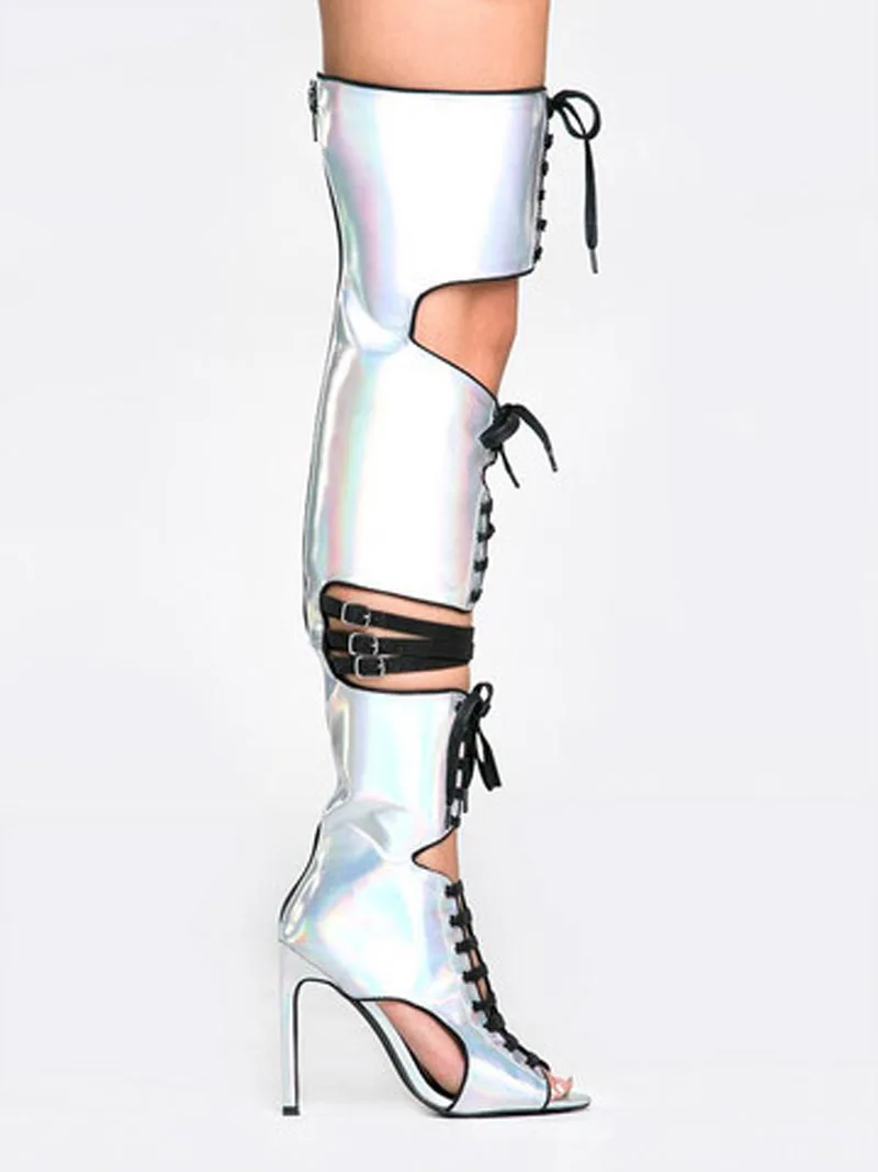 Summer Straps Buckle Hollow Laser Intrigue Silver Over Knee Boots Stiletto Heels Sexy Women Shiny leather Thigh Sandals Boots